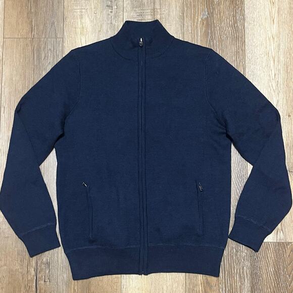 Joseph Abboud Merino Wool Blend Full Zip Sweater Mock Neck L Blue Pockets Preppy - Picture 1 of 5